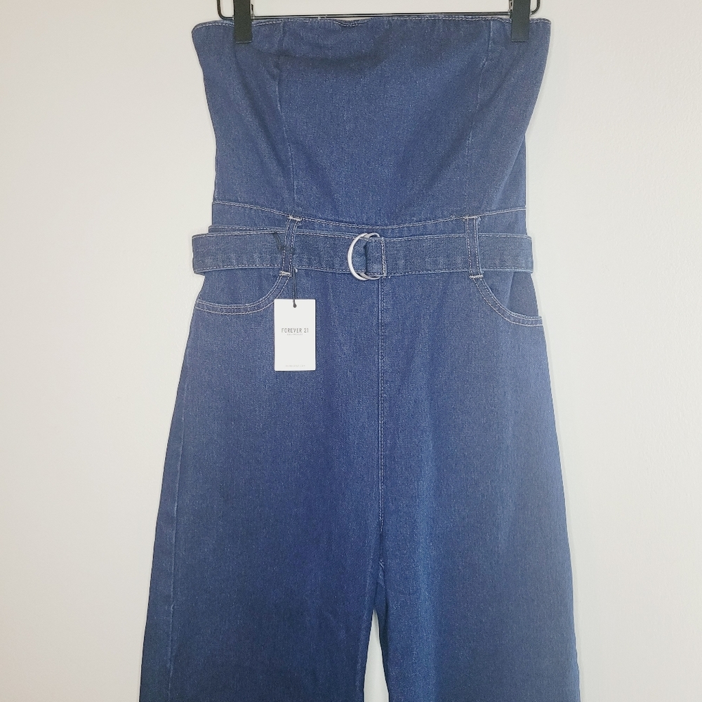 Forever 21 Belted Strapless Denim Jumpsuit Women Small Wide-leg Zip Pocket FLAW - Picture 4 of 15